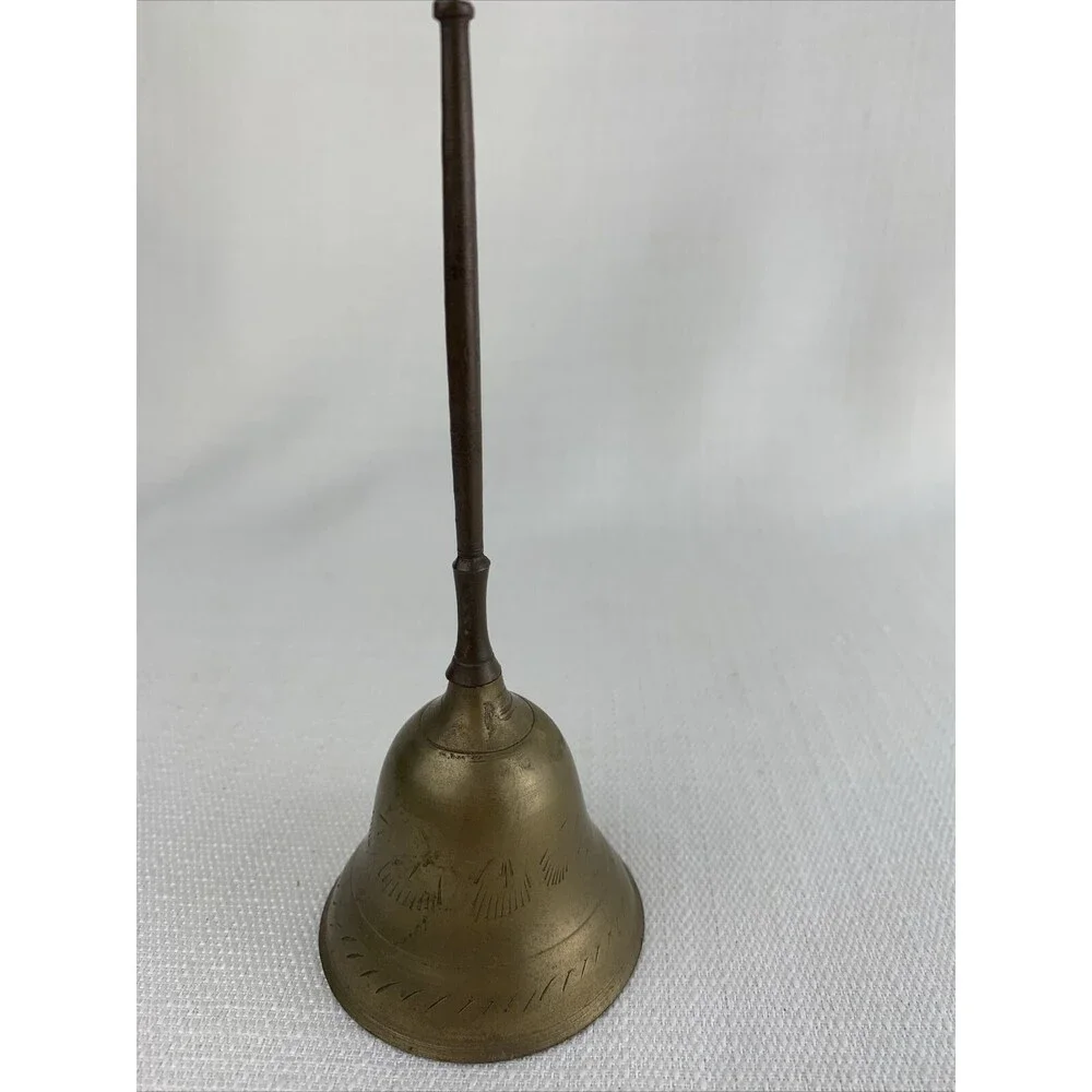 Vintage 6” Etched Brass Bell Made‎ In India Hand Bell Ringer Dinner Table
